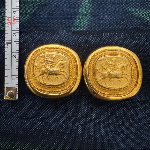 Vintage Gold Clip-On Earrings Horse Rider Relief | Greek Revival Style - Picture 5 of 7